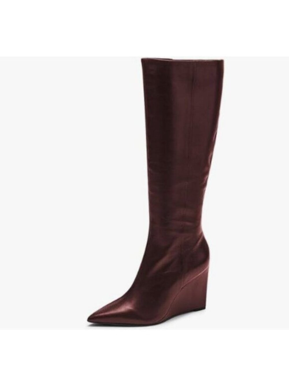 miss left Women Wide Calf Knee High Boots Closed Pointed Toe Wedge High Heel Red